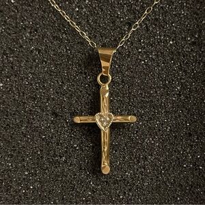 Gold Cross Crucifix Necklace with Heart Accent